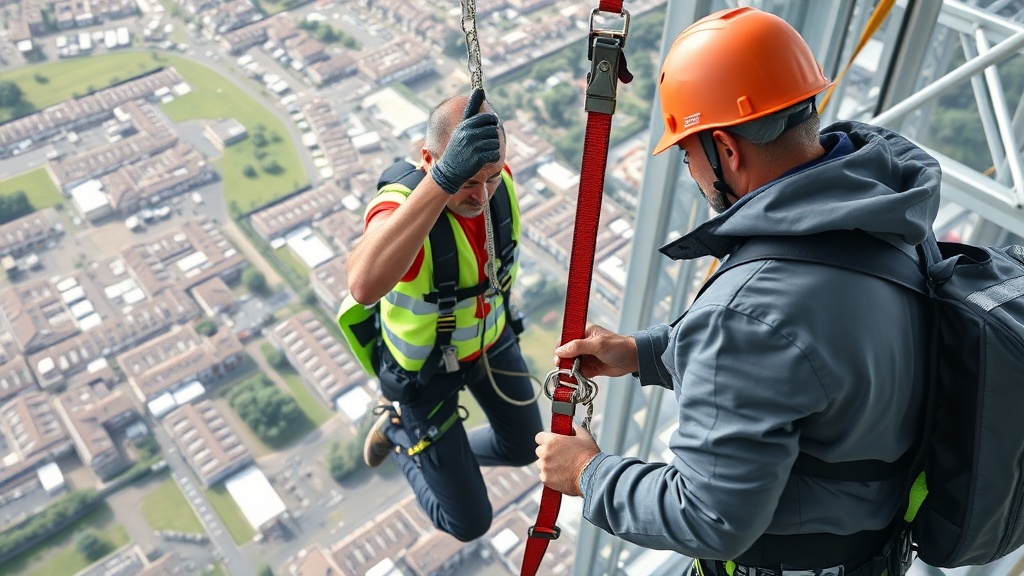 Bungee jump operator securing harness on participant at high-altitude platform